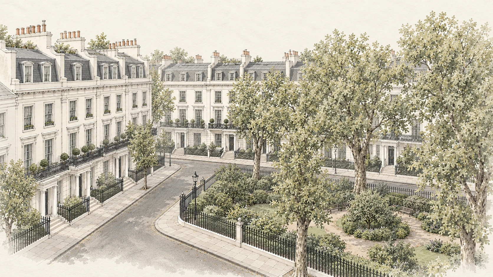 Architectural illustration of Kensington-style stucco terraces around a garden square, with mature plane trees, planted paths, iron railings and continuous London streets.